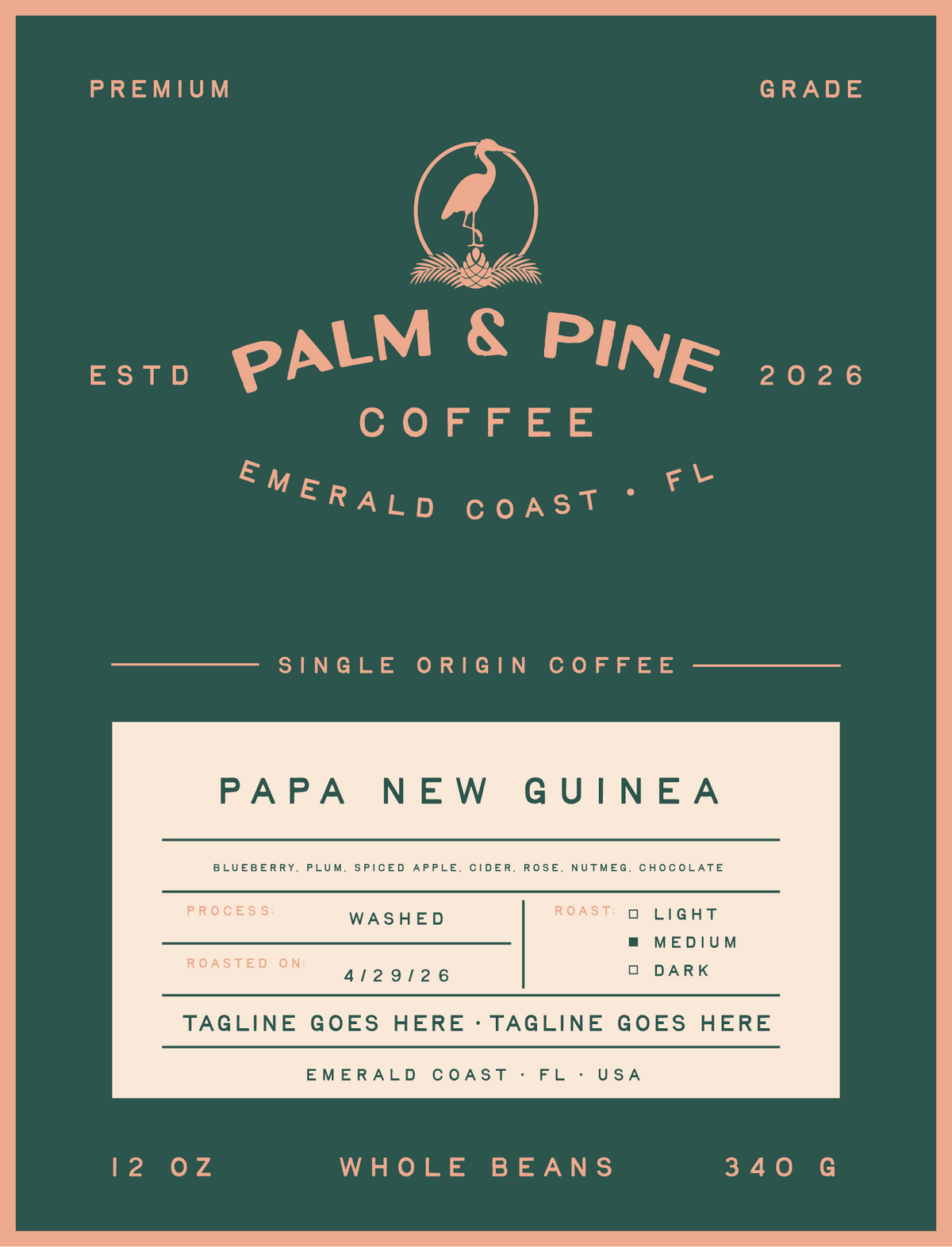 Palm & Pine Coffee Papua New Guinea single origin coffee label with a medium roast profile and washed process.