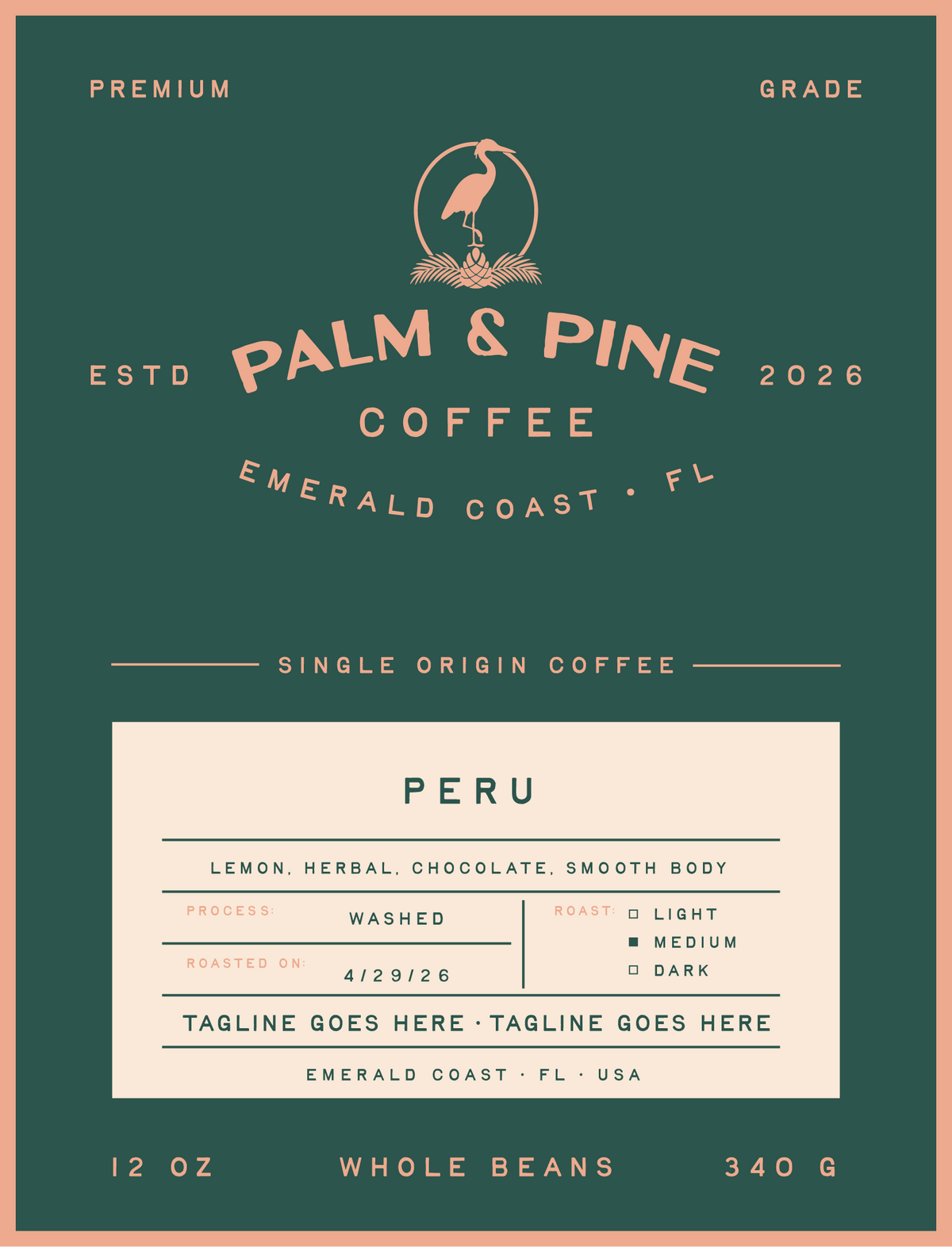 Palm & Pine Coffee Peru single origin coffee label with a medium roast profile and washed process.
