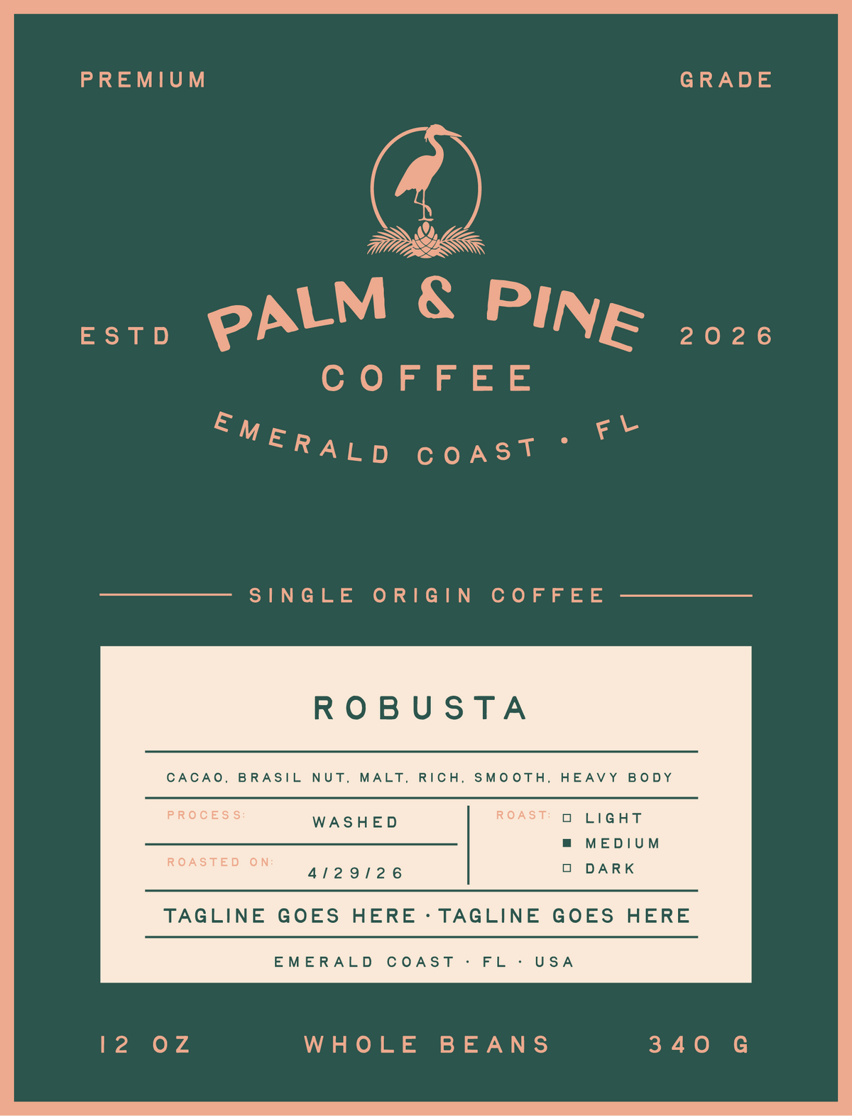 Palm & Pine Coffee Robusta single origin coffee label with a medium roast profile and washed process.
