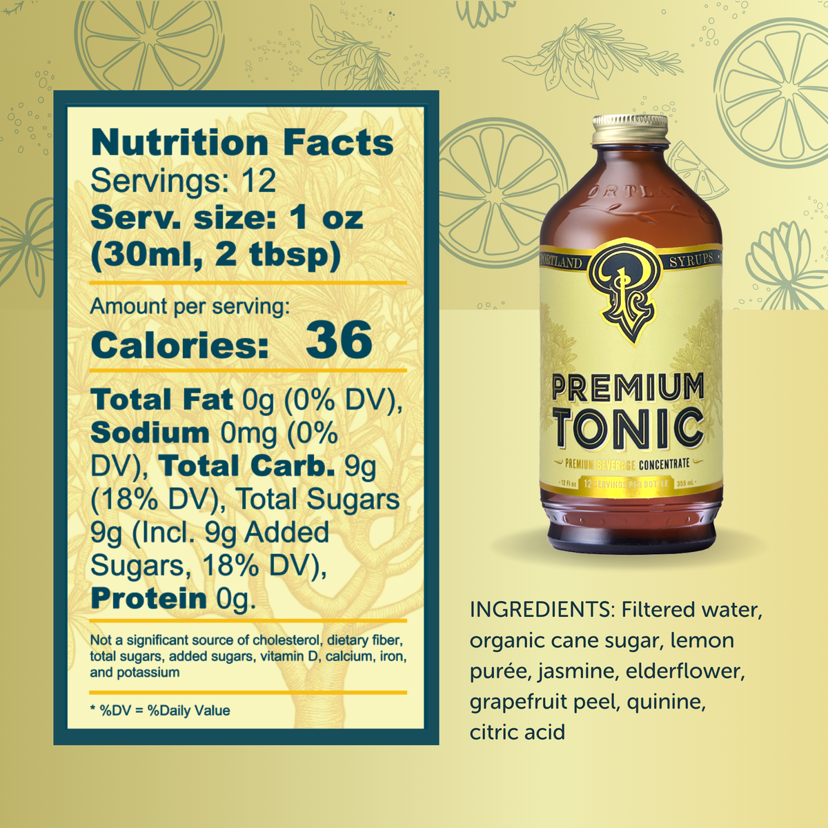 Bottle of premium tonic with nutrition facts label on a yellow background
