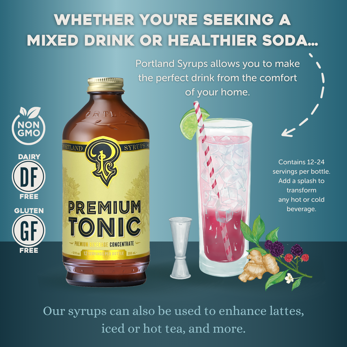 Portland Syrups Premium Tonic bottle with a glass of a mixed drink on a blue background