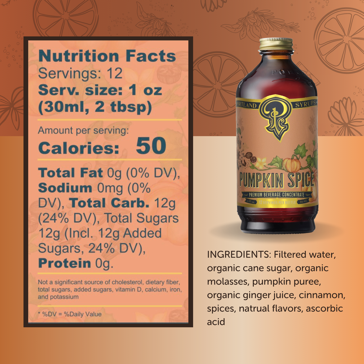 Bottle of pumpkin spice syrup with nutrition facts label on an orange background