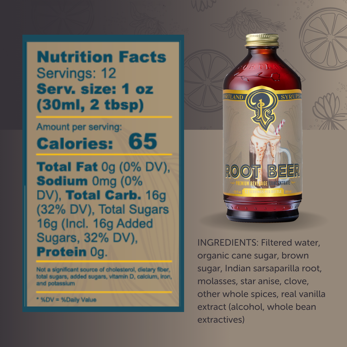 Root beer bottle with nutrition facts label on a gray background
