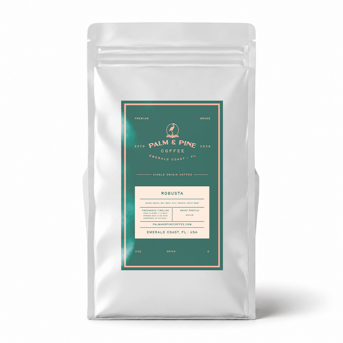 Palm & Pine Coffee Robusta single origin coffee in a matte white stand-up pouch bag.