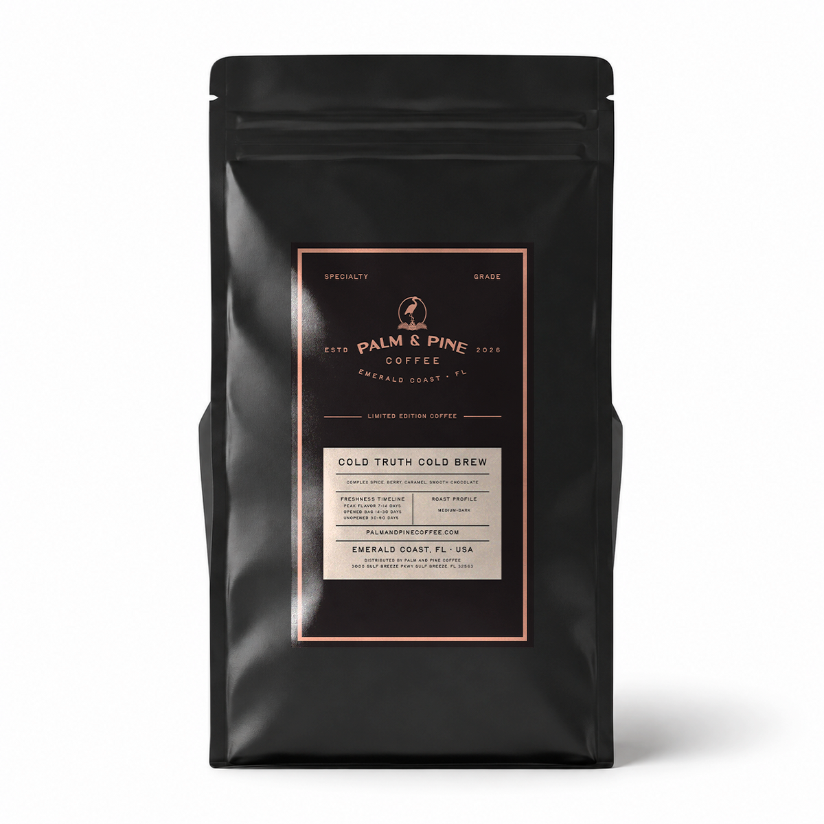 A black stand-up coffee bag with a rectangular front label reading Palm & Pine Coffee, photographed on a clean white background with a soft shadow.