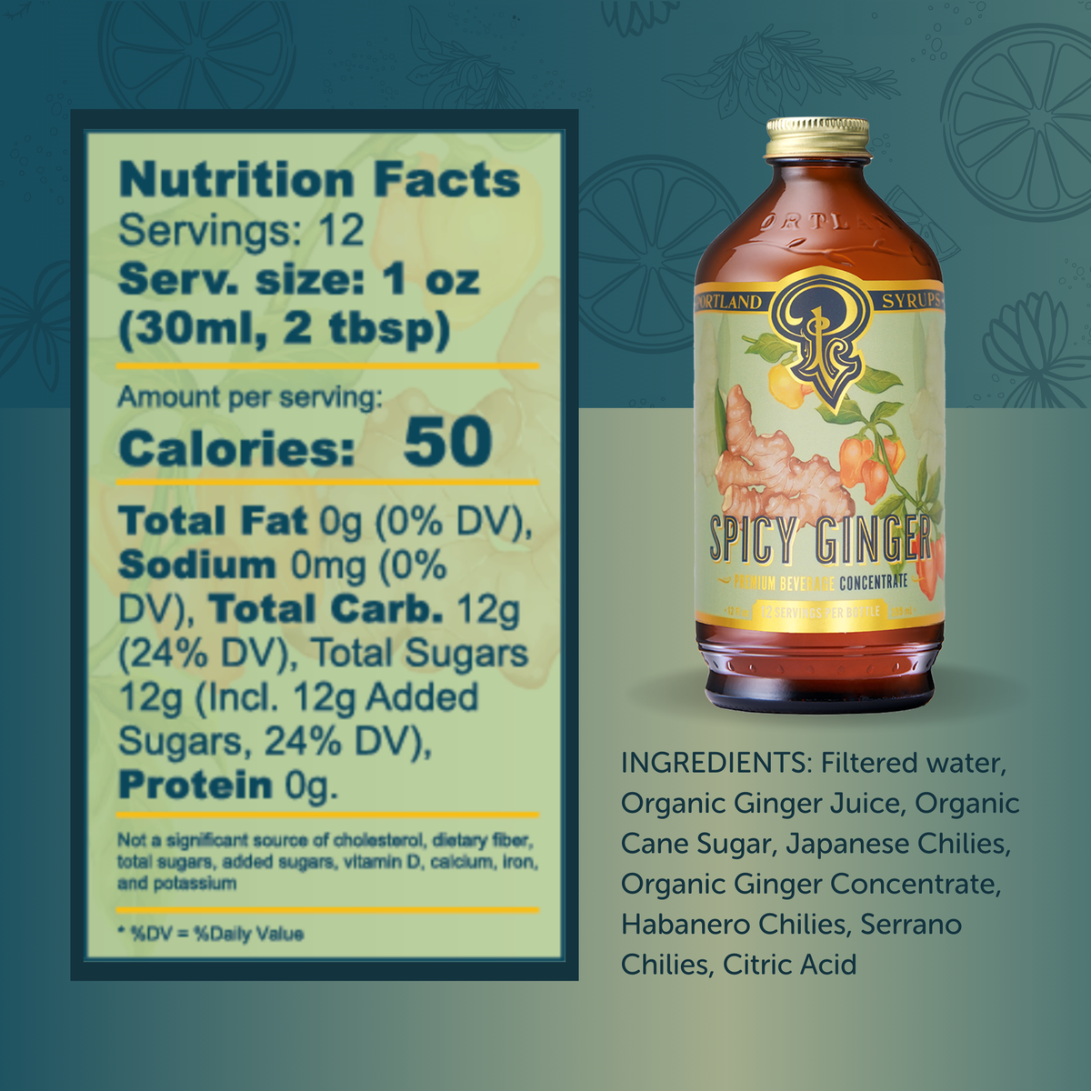 Spicy Ginger syrup bottle with nutrition facts label on a gradient background