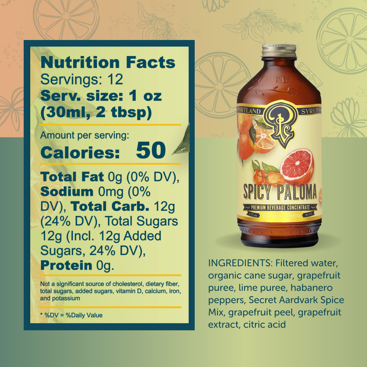 Spicy Paloma beverage concentrate bottle with nutrition facts label on a decorative background