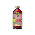 A bottle of Island Syrup Strawberry Lemon Lime concentrate on a plain white background. The bottle is made of dark amber glass, filled with a red liquid, and features a pink label with illustrations of strawberries, lemons, and limes, topped with a gold cap.