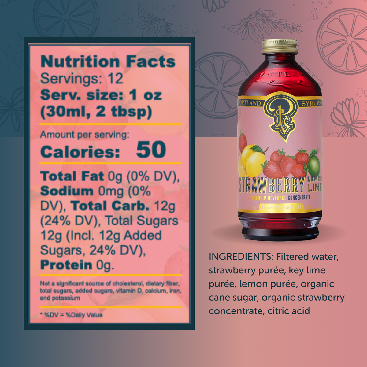 Bottle of strawberry lime flavored syrup with nutrition facts label on a decorative background