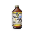 An amber glass bottle of Vanilla Syrup with a cream-colored label, featuring vanilla bean illustrations and a gold cap, set against a plain white background.