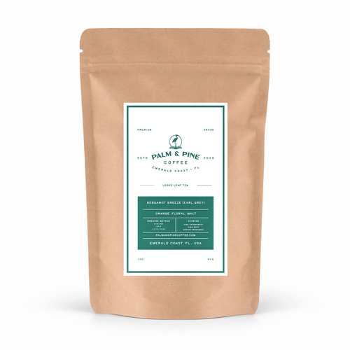 A kraft paper stand-up pouch of Palm & Pine Coffee on a clean white background. The front label features a white and dark green design with the brand name 'Palm & Pine Coffee' and product details.