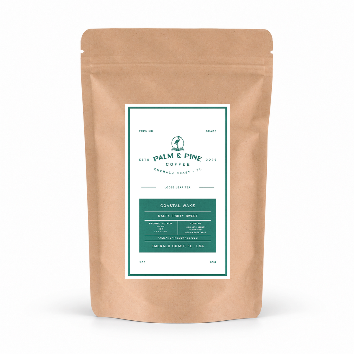 A kraft paper stand-up pouch of Palm & Pine Coffee on a clean white background. The front label features a white and dark green design with the brand name 'Palm & Pine Coffee' and product details.
