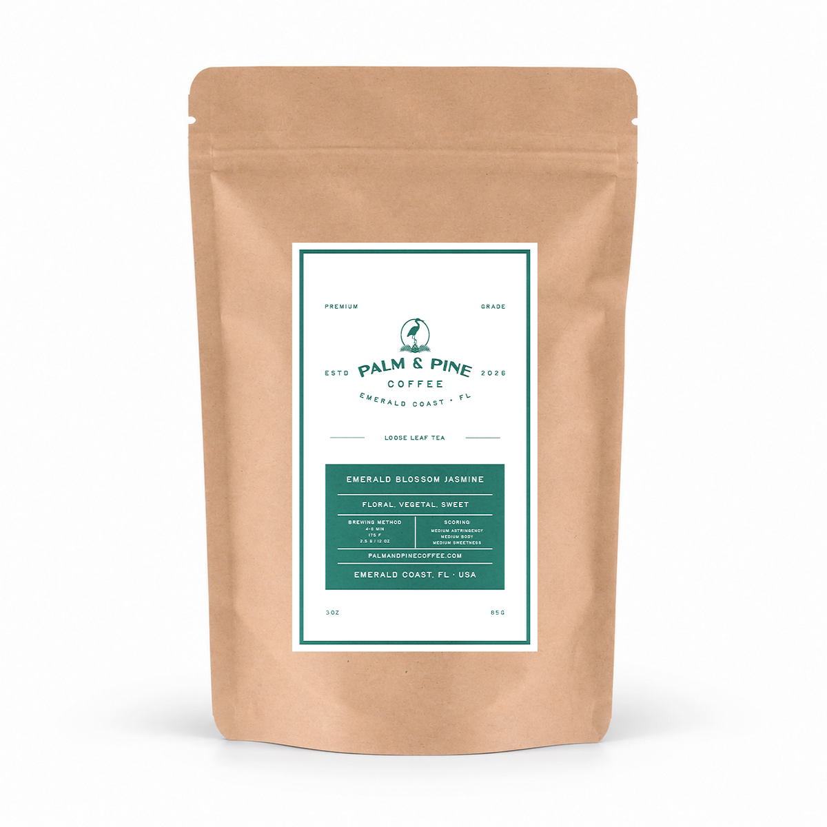 A kraft paper stand-up pouch of Palm & Pine Coffee on a clean white background. The front label features a white and dark green design with the brand name 'Palm & Pine Coffee' and product details.