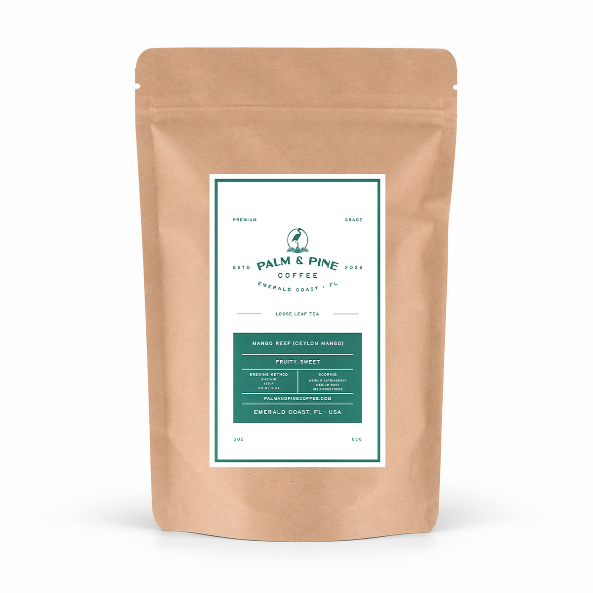 A kraft paper stand-up pouch of Palm & Pine Coffee on a clean white background. The front label features a white and dark green design with the brand name 'Palm & Pine Coffee' and product details.