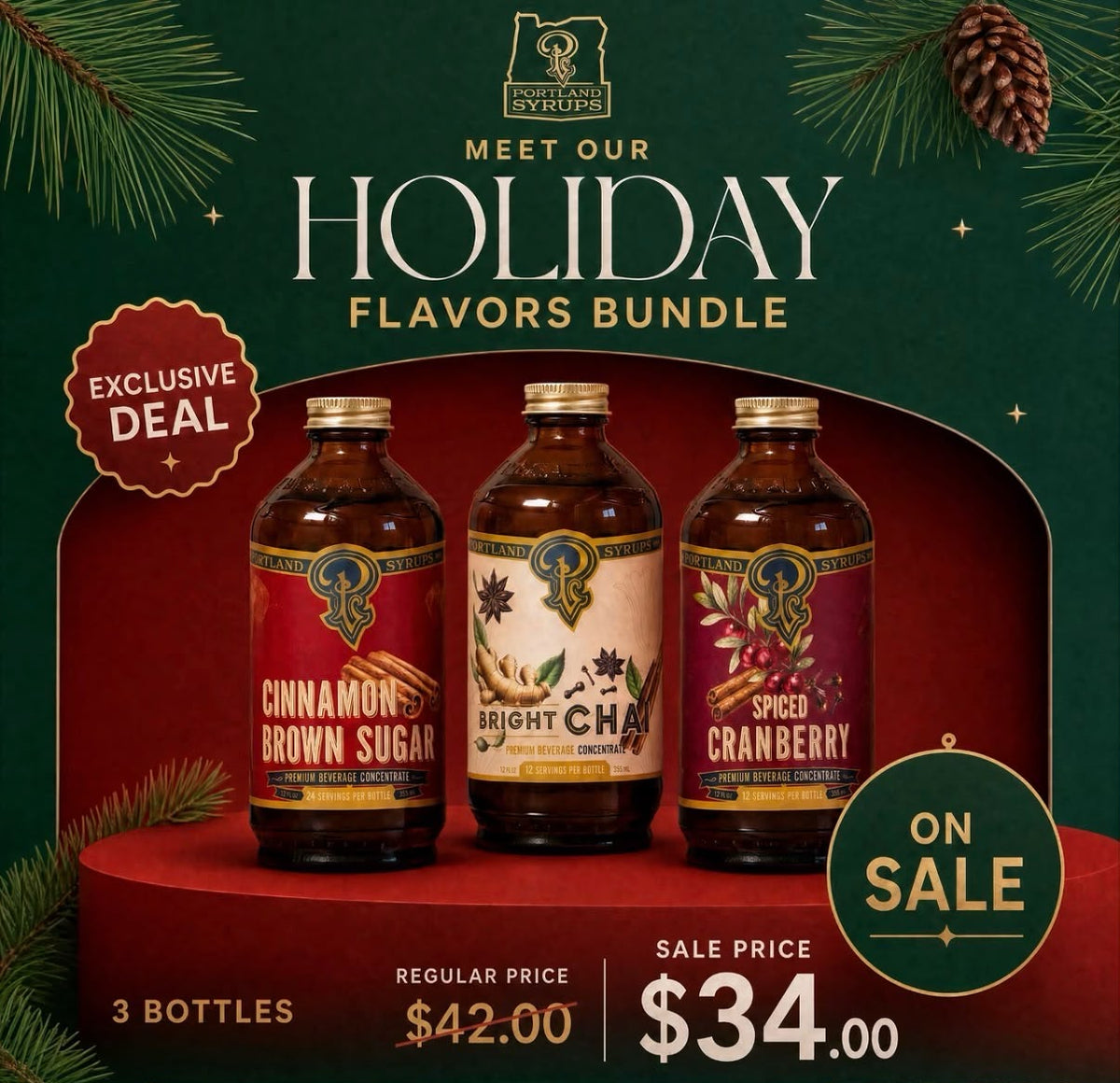 Three bottles of holiday-flavored syrup from Sacred Syrup House displayed on a red pedestal against a dark green holiday-themed background with pine branches and a pinecone. The bottles are labeled Cinnamon Brown Sugar, Bright Charms, and Spiced Cranberry.